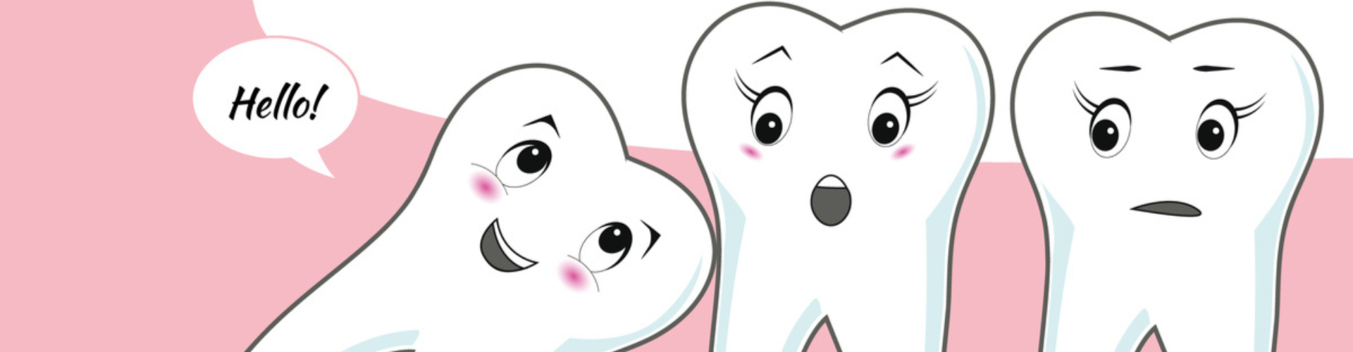 Cartoon illustration of a happy wisdom tooth impacting a neighboring tooth with a surprised face.